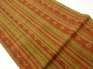 手織り紬縞に菱・幾何学模様織出し開き名古屋帯（額縁仕立て）